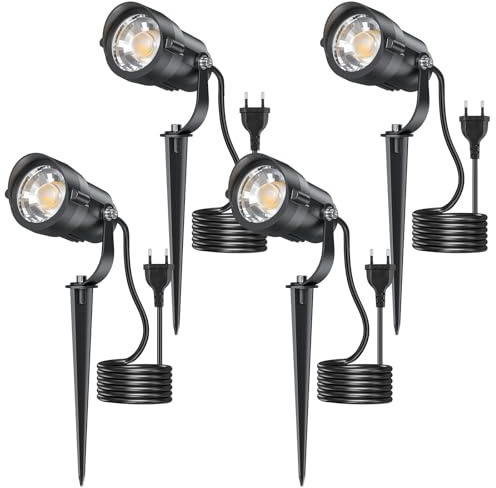 HIBOITEC Set med 4 trädgårdslampor 12 W 1 320 lumen, varmvitt ljus 2 700 K, IP65 vattentäta LED-spotlights med gädda och 1,5 m uttag, för innergård, terrass, trädgård och stigar