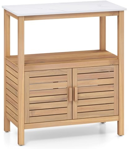 COSTWAY Outdoor Storage Shed, Acacia Wood Garden Potting Bench Table with Faux Marble Resin Tabletop, Storage Shelf & Cabinet, Tools Cabinet Planting Workstation for Patio Courtyard Balcony