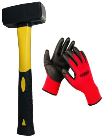 SATARGO 1kg Club Lump Hammer, Fibreglass Handle, Heavy Duty Steel Head with Rubber Grip, Includes Work Gloves