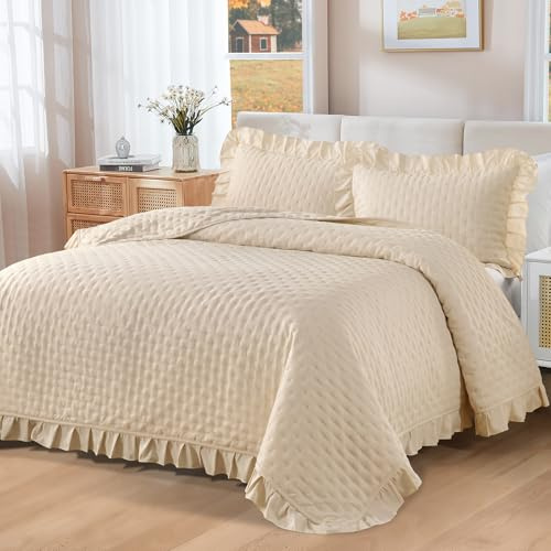 WONGS BEDDING Couvre-lit 240 x 260 - Crème - Parure de lit matelassée 3 pièces - Pour lit double - Parure de lit piquée - Couvre-lit polyvalent avec 2 taies d'oreiller 50x75 pour la chambre à coucher