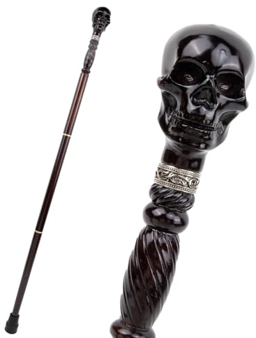 Bastón de madera con calavera negra, bastón decorativo gótico con mango ergonómico para personas mayores de 93 cm (BK)