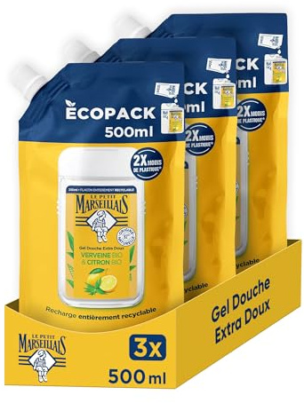 Le Petit Marseillais – Recharge Gel Douche Extra Doux Verveine Bio & Citron Bio (lot de 3 écopacks de 500 ml) – Gel douche avec 92% d'ingrédients d'origine naturelle – Emballage entièrement recyclable