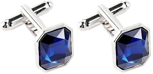2 PCS Silver Cufflinks for Men with Blue Stone, Mens Cufflinks for Classic Square Deep Blue, Shirt Accessories Cuff Links Mens Suitable for Dating and Party Occasions