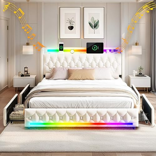 XMFFPM Cadre de lit rembourré Moderne avec éclairage LED, Enceinte Bluetooth, 4 tiroirs de Rangement, Chargeur USB/Type-C, Tissu en Velours, 160x200 cm, Beige