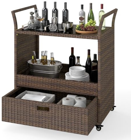 GIANTEX Servierwagen, Rollwagen mit Gehärteter Glasplatte, Ablagefach & Schublade, Küchenwagen Rattan, Mobiler Beistelltisch, Barwagen für Veranda, Garten, Hinterhof, Poolbereich, Küche