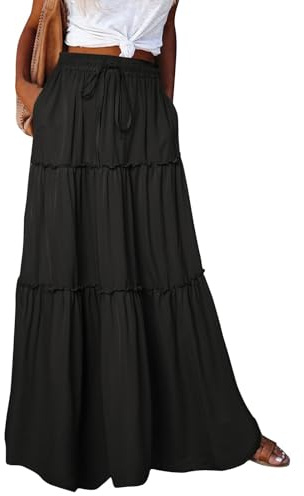 Jupe Longue plissée pour Femme, Taille Haute élastiquée, Ceinture à Nouer, Volants étagés, Coupe trapèze