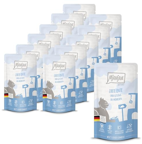 MjAMjAM - nourriture humide premium pour chats - Quetschie - tendre canard & volaille aux délicieuses carottes, pack de 12 (12 x 125 g), sans céréales avec supplément de viande