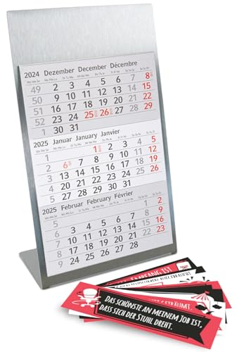 Timr Tischkalender zum Aufstellen aus Edelstahl I Büro-Sprüche I für 2 Jahre 2026/2027 I 3-Monats-Kalender Block Magnet I mehrsprachig D/GB/F I Silber matt klein I tr084