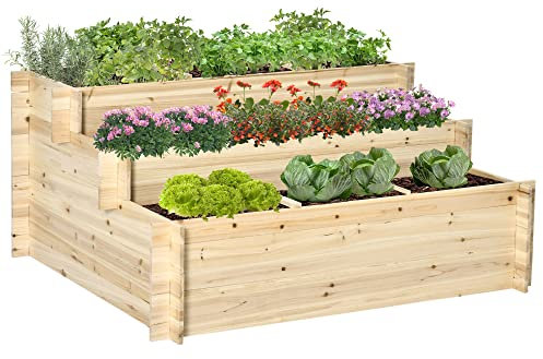 Outsunny 117cm x 100cm x 54cm 3 Tier Raised Garden Bed 376L Fir Wood Elevated Planter Flower Box with 9 Grow Grids and Non-woven Fabric for Vegetables, Flower, Herb Outdoor Indoor Use