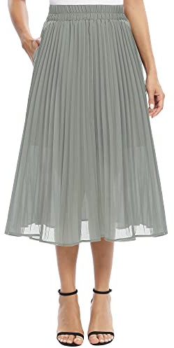 EXCHIC Dam ledig chiffong, elastisk midja, en linje, veckad midikjol med ficka, Mörkgrå, M