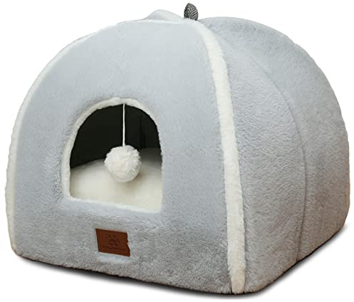 Katzenbett, Faltbare Katzenbett Höhle, Katzenhaus mit waschbarem Kissen, Katzenbett, Katzenzelt, weiches und warmes Indoor Katzenhaus für drinnen für Kätzchen und mittelgroße grau M