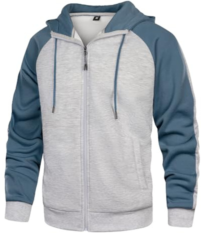Wirltte Mens Hoodies Zip Up Hoodie Patchwork Fleece Jacket Winter Warm Hooded Greyblue XL