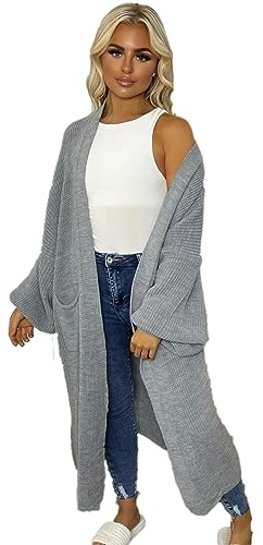 eyes Longline Balloon Sleeve Knitted Cardigan Plain Baggy Oversized Bubble Chunky Pockets Casual Winter Sweater Coatigan Boyfriend Cardigans for Women Jumper UK 8-20 (Light Grey)