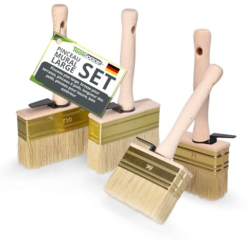 ToolSpace Set med 4 tapetborstar – perfekt för målning och grundning av väggar, applicering av lim och uppfriskande trädgårdsmöbler – naturborst, trähandtag, bredder 70, 90, 110 & 130 mm