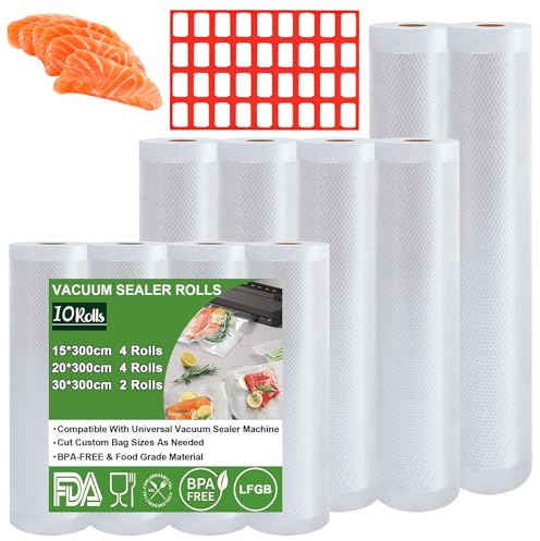 Omtofo Vakuumierrollen 10 Rollen Vakuumierfolie, 30/20/15 x 300cm/Rolle Vakuumbeutel Lebensmittel, BPA-frei, reißfest, 190µm, Vakuumierbeutel für Vakuumierer, Mikrowellen and Sous Vide