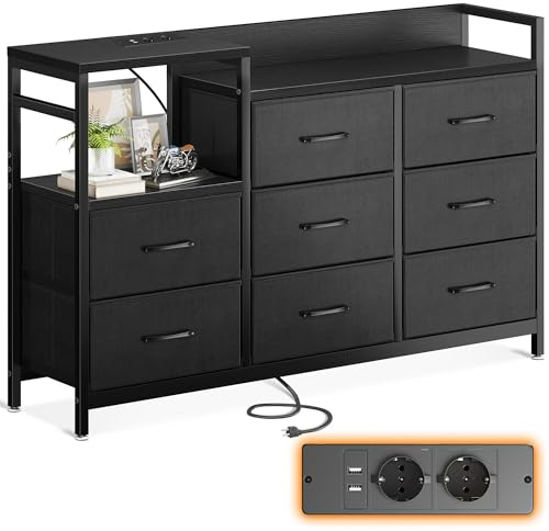 ODK Commode Chambre, 2 Ports USB et 2 Ports AC, Armoire à tiroirs multifonctionnelle pour Chambre et Salon - Buffet Stable et résistant, 132 * 30 * 88 cm,Noir