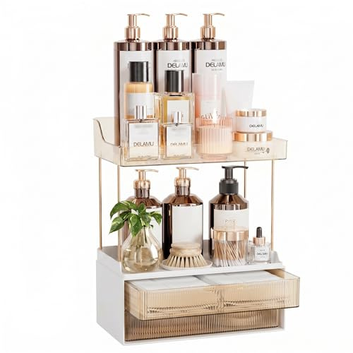 Delamu Bathroom Organizers and Storage, 2 Tier 2 Drawer Makeup Organizer Countertop, Easy to Install, Ideal for Bathroom Counter, Vanity, Ideal for Women Girls, Amber