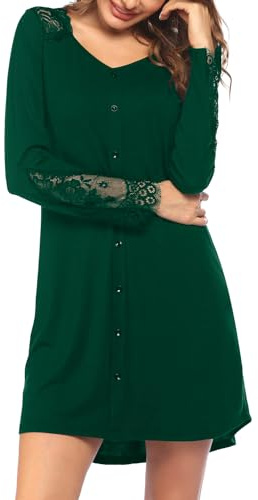 Rayson Chemise de Nuit Femme à Manches Longues Coton Vêtements de Nuit Col V avec Dentelle Ouvert Devant Chic Confortable Robe de Nuit(Rose,XL)