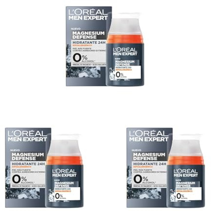 L'Oréal Men Expert, Crema Facial Hidratante 24H Para Hombre, Hipoalergénica Mineral de Magnesio + Ácido Hialurónico, Sin alcohol, Pieles Sensibles, 50 ml (Paquete de 3)