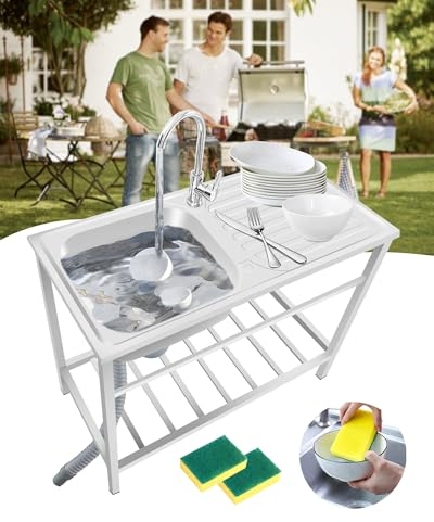 Outdoor Spüle Freistehend Spülbecken Edelstahl Küche Mit Wasserhahn Waschtrog Spültisch Handwaschbecken für Gewerbe Wäsche Hinterhof Garage Camping Garten Drinnen und Draußen 75x40xH75cm