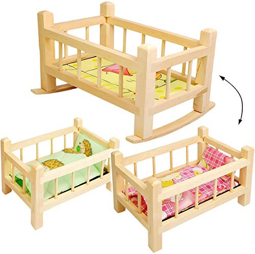 alles-meine.de GmbH 2 in 1: großes Puppenbett & Puppenwiege - Holz - UMBAUBAR - 43 cm lang - mit Bettzeug - Bett aus Naturholz - Holzwiege Schaukelbett - für Puppen groß Mädchen ..