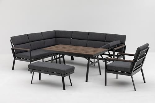 Gardissimo Nara XL Oak Links, Dining Lounge mit Ecksofa, Esstisch, Bank, Sessel & Kissen - wetterfest bis 10 Personen - Bezüge waschbar - Alu Garten Sitzgruppe Gartenlounge Garten Möbel Set