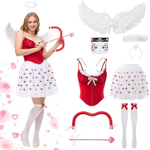 Ulikey Disfraz de Cupido Mujer, Conjunto de Arco y Flecha de Cupido, Accesorios Cariñoso de Cupido, Disfraz de ángel de Cupido, Carnaval Fiestas San Valentín (S)