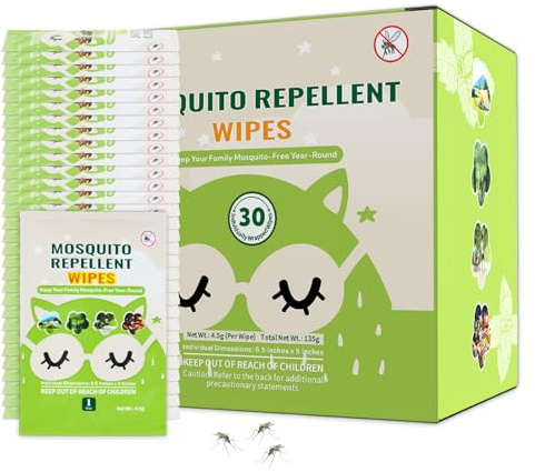30 PCS Mosquito Repellent Wipes, Individually Wrapped Insect Repellent Wipes Made of Natural Plant-Based Essential Oils, Safe & Effective Insect Protection Perfect for Outdoor Activities, Long-Lasting