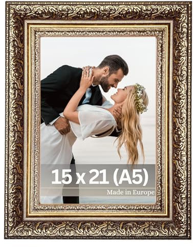 VictoR Leonardo - Cornice portafoto 15 x 21 cm (A5) in marrone e oro, antica cornice portafoto con vetro acrilico infrangibile, formato A5, stile barocco, made in Europe