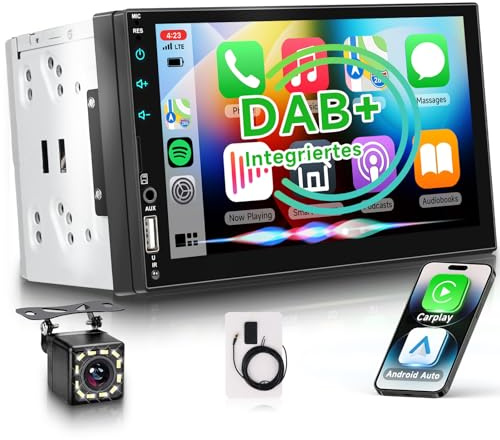 VECHTEL DAB/DAB+ Autoradio da 7 pollici con Carplay wireless Android Auto, radio FM 1 Din con Bluetooth, EQ, USB/TF/AUX, autoradio touchscreen IPS con telecamera posteriore/comandi al volante