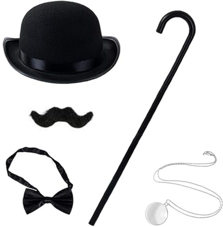 X-Institute Monopolys d'Halloween pour homme - Accessoires de costume pour gentlemen - Chapeau melon moustache monocle canne cravate homme riche