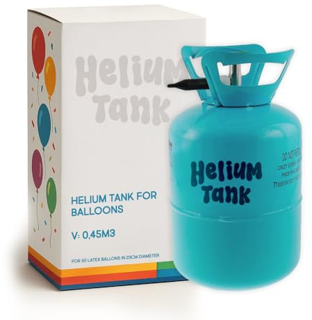 Bombona de Helio Turquesa, 0,45 m3, Plástico, Cilíndrica, para 50 Globos de Látex de 23 cm, con Válvula de Control