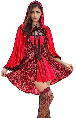Générique Deguisement Petit Chaperon Rouge Femme, Robe Petit Chaperon Rouge et Cape avec Capuche Costume Princesse Adulte pour Mardi Gras Cosplay Little Red Riding Hood Carnaval