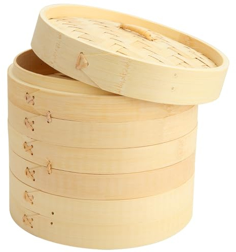QTLCOHD Bamboo Steamer 8 Inch 3 Tier Dumpling Steamer Basket for Cooking Small Food Steamers for Dim Sum Bao Bun Rice Vegetable