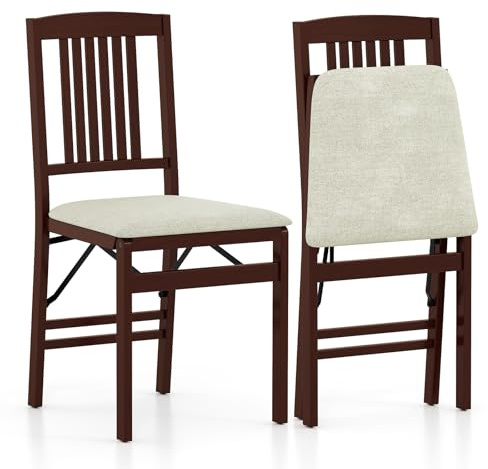 COSTWAY Folding Chairs Set of 2, Rubber Wood Counter Dining Chairs with Backrest & Padded Seat, Kitchen Office Conference Side Chair Seating (Linen Fabric Seat, Slatted Back, Beige + Brown)