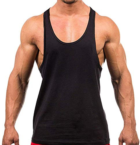 Men's Stringer Gym Tank Top Shirt Print Cotton Bodybuilding Sport Vest,Black M
