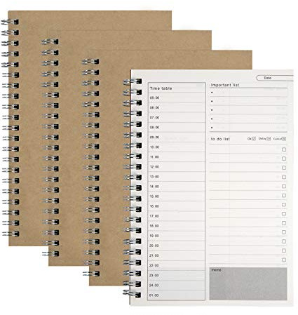 MengH-SHOP Agenda Giornaliera Manuale per La Gestione del Tempo Blocco Note Copertina Kraft Marrone Quaderno a Spirale 100 Pagine / 50 Fogli, 19 x 13 cm (4 Pezzi)