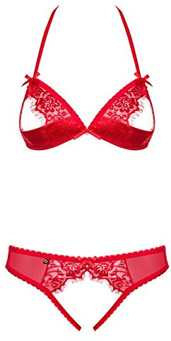 Selente Love & Fun Ricercato Completo Intimo a 3 Pezzi: Reggiseno, Slip ed Esclusiva Benda per Occhi in Raso, Rosso Aperto, S-M