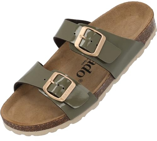 Palado Pantoletten Damen Samos - elegante Sandalen Made in Spain - bequeme Hausschuhe mit dämpfendem Kork-Fußbett - modische Sommerschuhe Lack Khaki UK6 - EU39