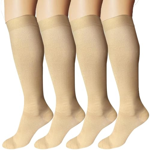 DDOBB Lot de 4 Chaussettes de Contention Femme et Homme Bas de Contention Femme Circulation Compression 20-30 mmHg Professionnelle Soutien pour L'athlétisme, la Course (Beige*4,XXL)