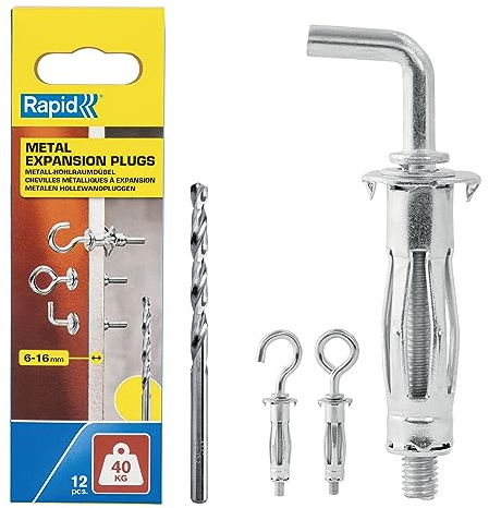 Rapid Tacos de Expansión Metálicos, Pack de 12 Tacos de Expansión Metálicos y Ganchos para Pared de Pladur de 6-16 mm, Carga Máxima de 40kg, Tacos para Paredes Huecas y de Pladur (5001557)