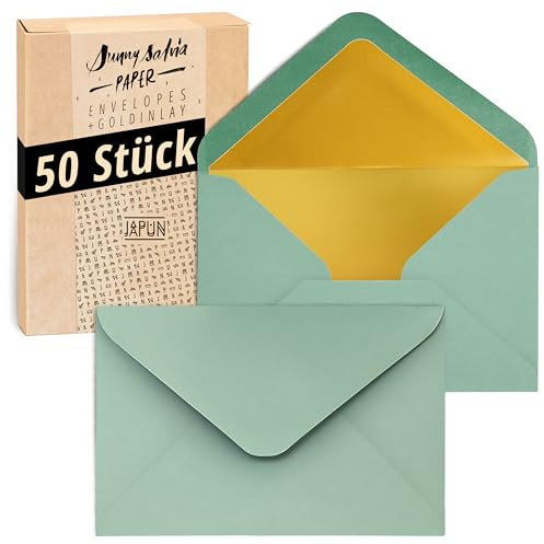 Japun – Briefumschläge (50 Stück), Kuvert, Umschlag ohne Fenster - DIN C6-162 x 114 mm - innen: Gold - Papier-Farbe: grün
