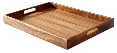 MOOKOMI Plateau de service en bois de noyer avec poignées – Élégant plateau à café et nourriture pour la maison, ottoman, ou salle à manger (40 cm)