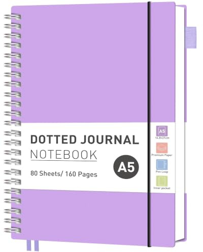 RETTACY A5 Spiral Notebook, Dotted Journal, 160 Pages, Lilac | Flexible Plastic Cover Notepad, 100 GSM Thick Bullet Paper, for Women Men Work Office School - 14.5 × 20.7 cm
