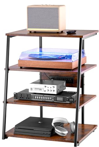VEVOR Supporto Multimediale AV 4 Livelli con Prese Multiple, Supporto TV Angolare Luci LED, Ripiani in Legno Regolabili in Altezza, Supporto per Lettori DVD Decoder Via Cavo Console di Gioco, Marrone
