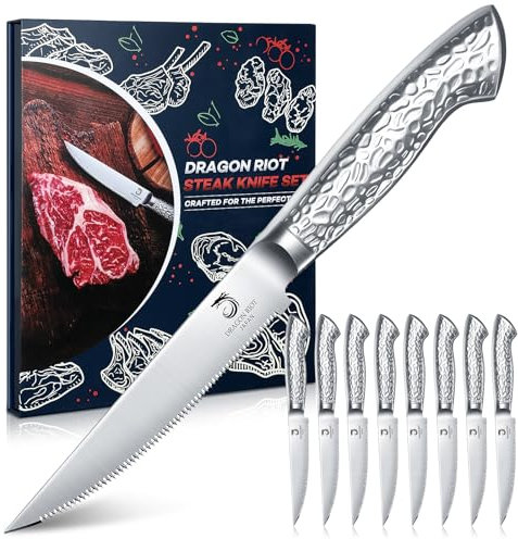 DRAGON RIOT Steakmesser Set 8-teiliges Steakbesteck mit Sägezahnklingen aus japanischem Edelstahl, spülmaschinengeeignet inklusive Aufbewahrungsbox