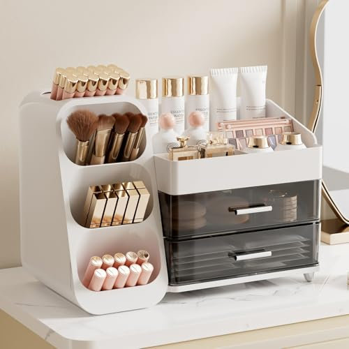 FoiiLiio Make Up Kosmetik Organizer mit 2 Schubladen, Multifunktion Schminktisch Organizer, Einfache Aufbewahrung für Pinsel Lippenstift Skincare für Schminktisch, Bad und Schlafzimmer(Weiß)