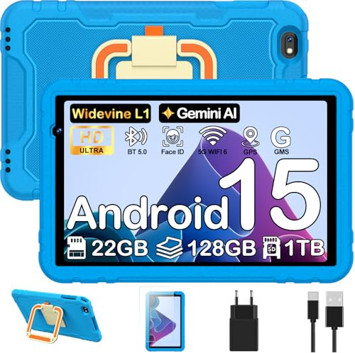Android 15 10 pollici Tablet bambini con Gemini AI, 22GB RAM+128GB ROM, Controllo Parentale, 8000 mAh, Octa-Core, 5MP+8MP con 5G Wifi6, Custodia protettiva EVA antiurto + Staffa girevole a 360°(Blu)