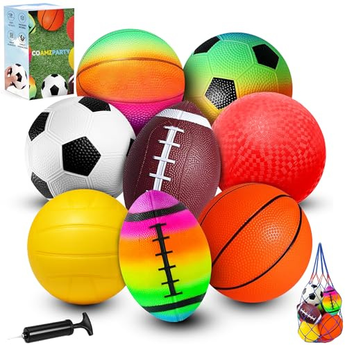COAMZPARTY 8 Pack Balls for Toddlers Kids, 5 Inch Soccer Balls, Football, Basketball, Beach Balls, Kickball for Outdoor & Indoor Games, Sport Ball Set with Pump and Storage Bag, Boys and Girls Gift
