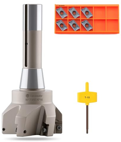 Tanomate R8 Shank Indexable End Mill 3 Cutting Diameter x 6-1/4 Oal 90 Degree with Nickel Plating, Includes 6 APKT1604 Carbide Inserts